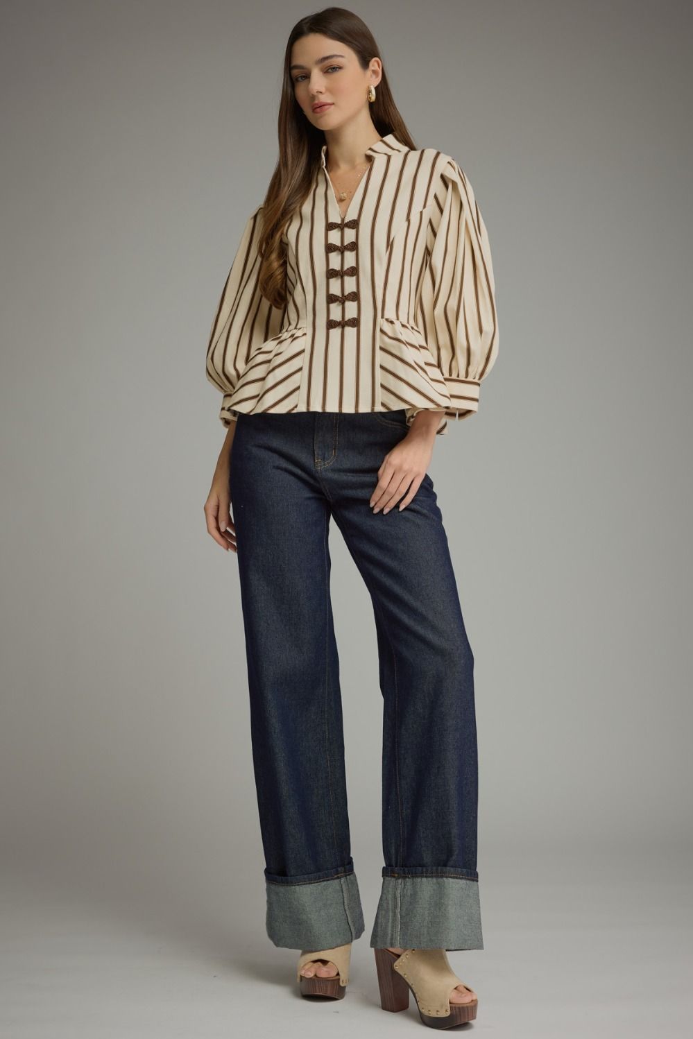 Striped Peplum Top - Brown