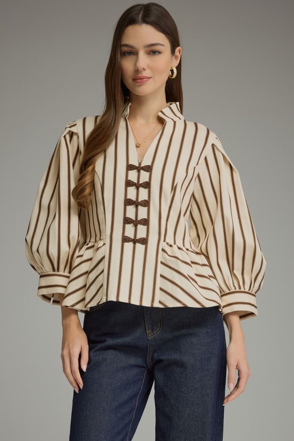 Striped Peplum Top - Brown