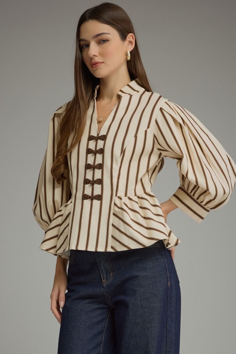 Striped Peplum Top - Brown