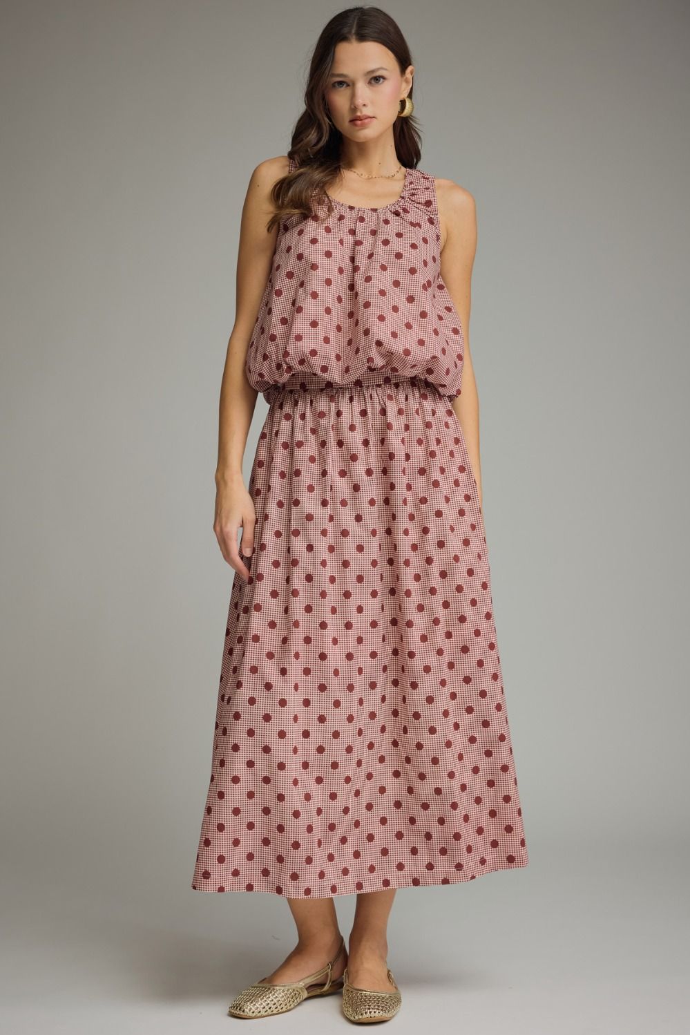 Gingham Polka Dot Midi Skirt - Burgundy