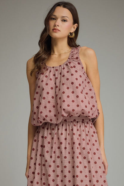 Gingham Polka Dot Sleeveless Top - Burgundy