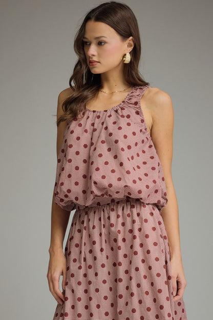 Gingham Polka Dot Sleeveless Top - Burgundy