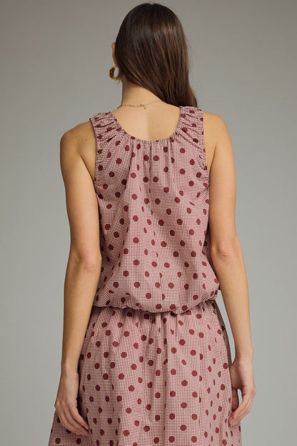 Gingham Polka Dot Sleeveless Top - Burgundy