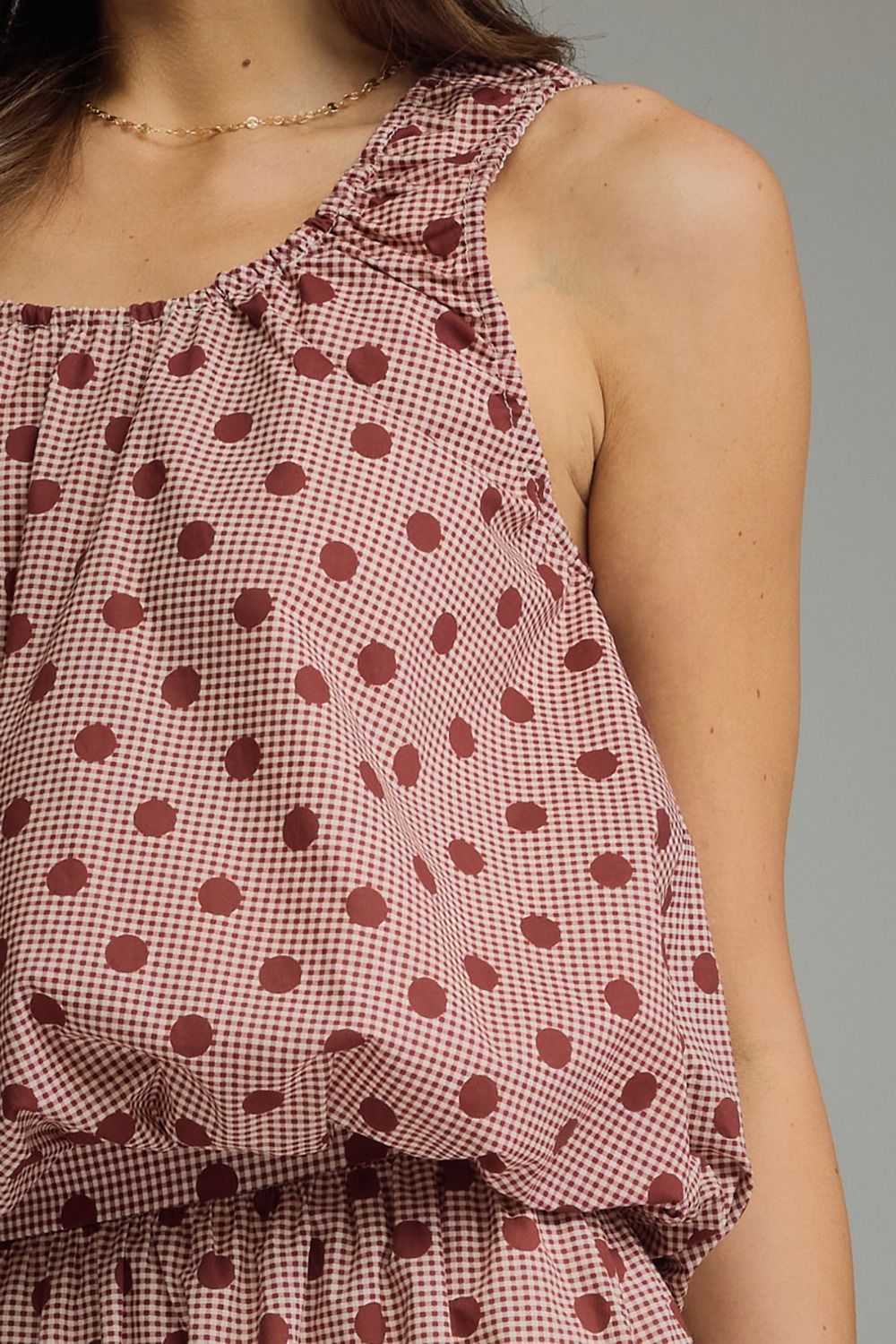 Gingham Polka Dot Sleeveless Top - Burgundy