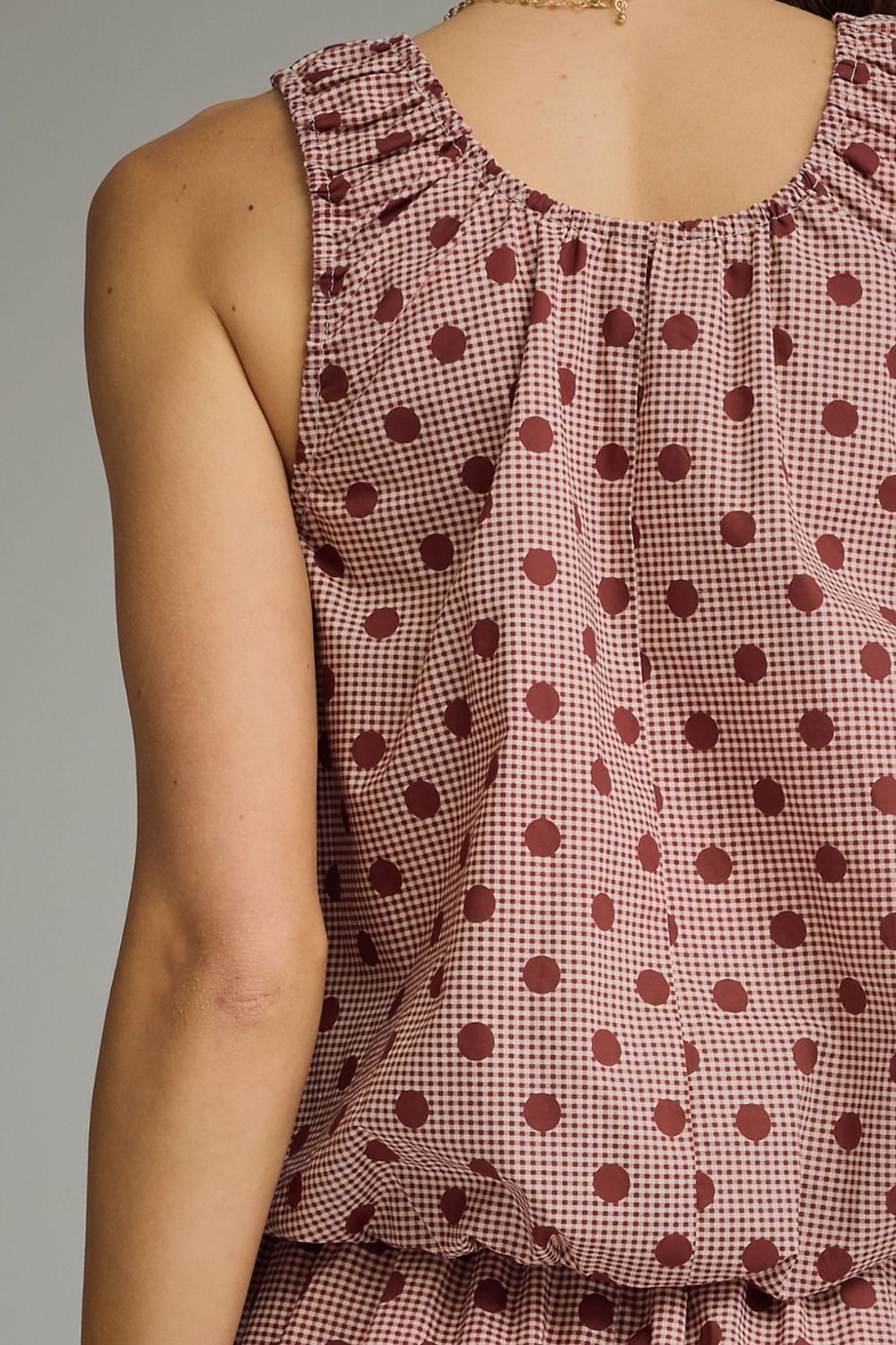 Gingham Polka Dot Sleeveless Top - Burgundy