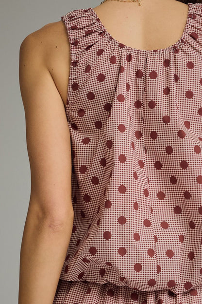 Gingham Polka Dot Sleeveless Top - Burgundy