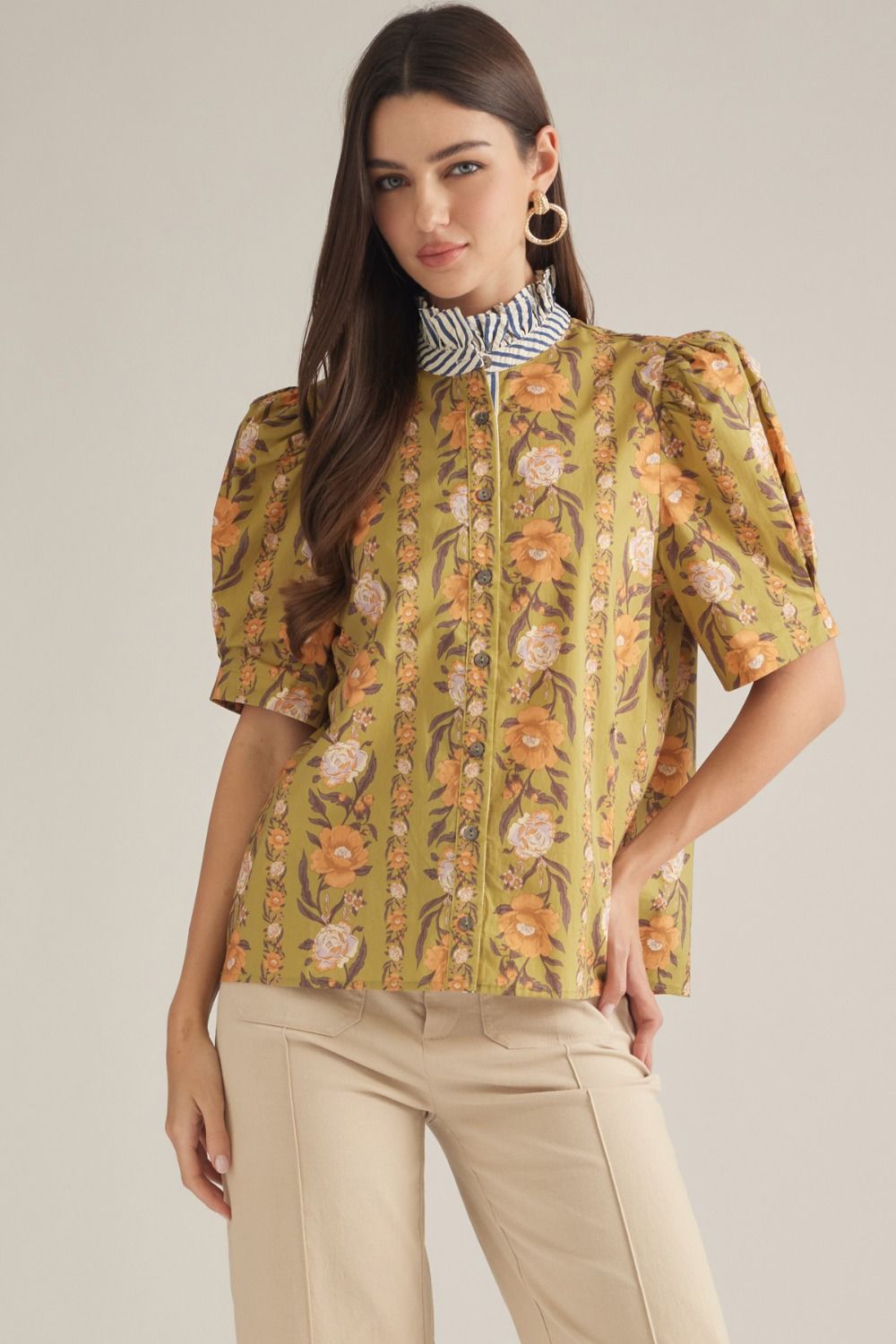 Floral Striped Collar Top - Olive