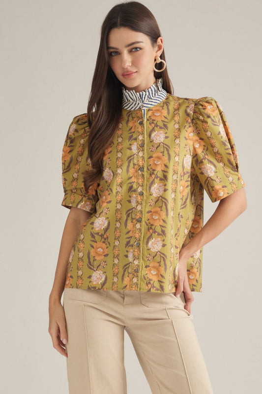 Floral Striped Collar Top - Olive