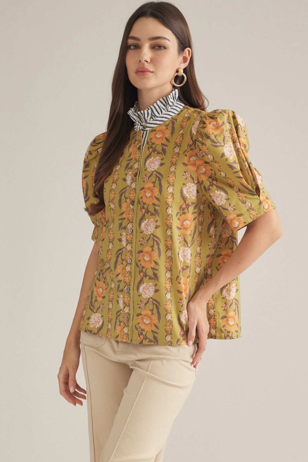 Floral Striped Collar Top - Olive