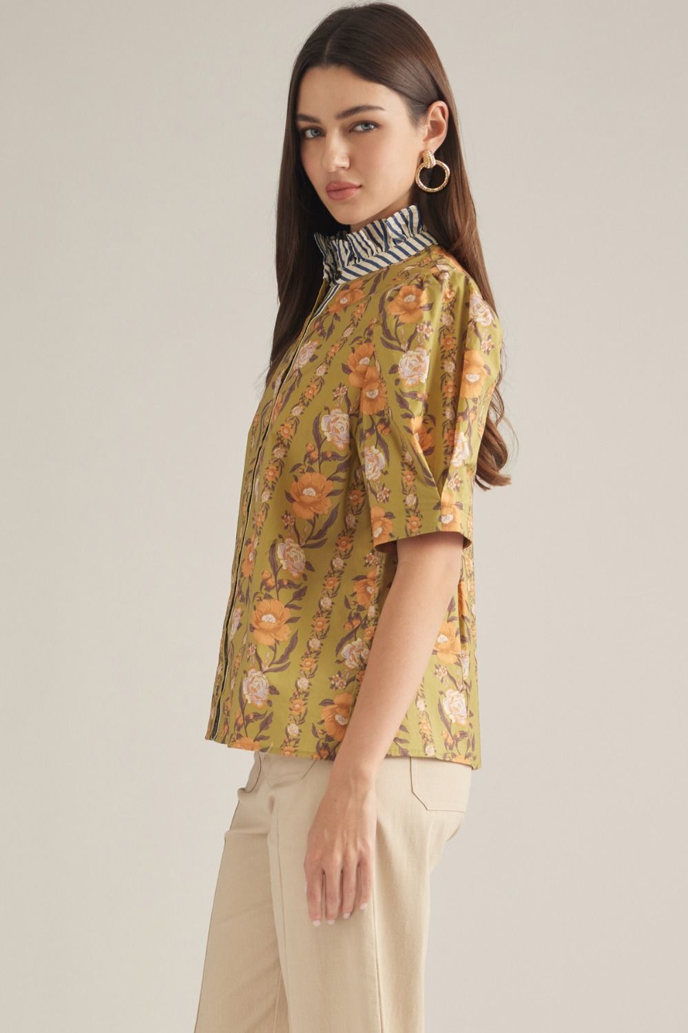 Floral Striped Collar Top - Olive