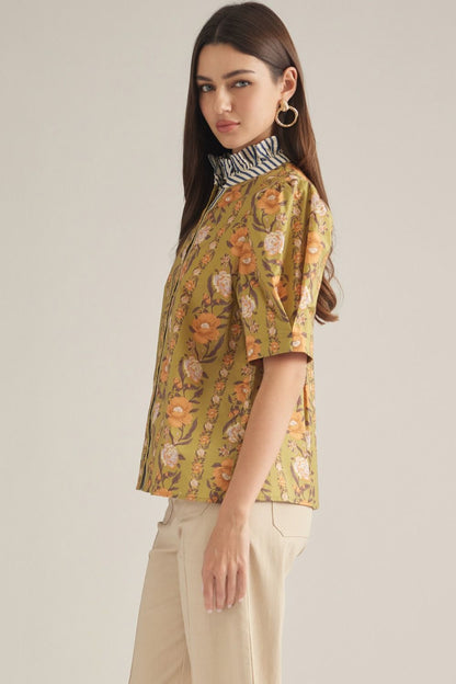 Floral Striped Collar Top - Olive
