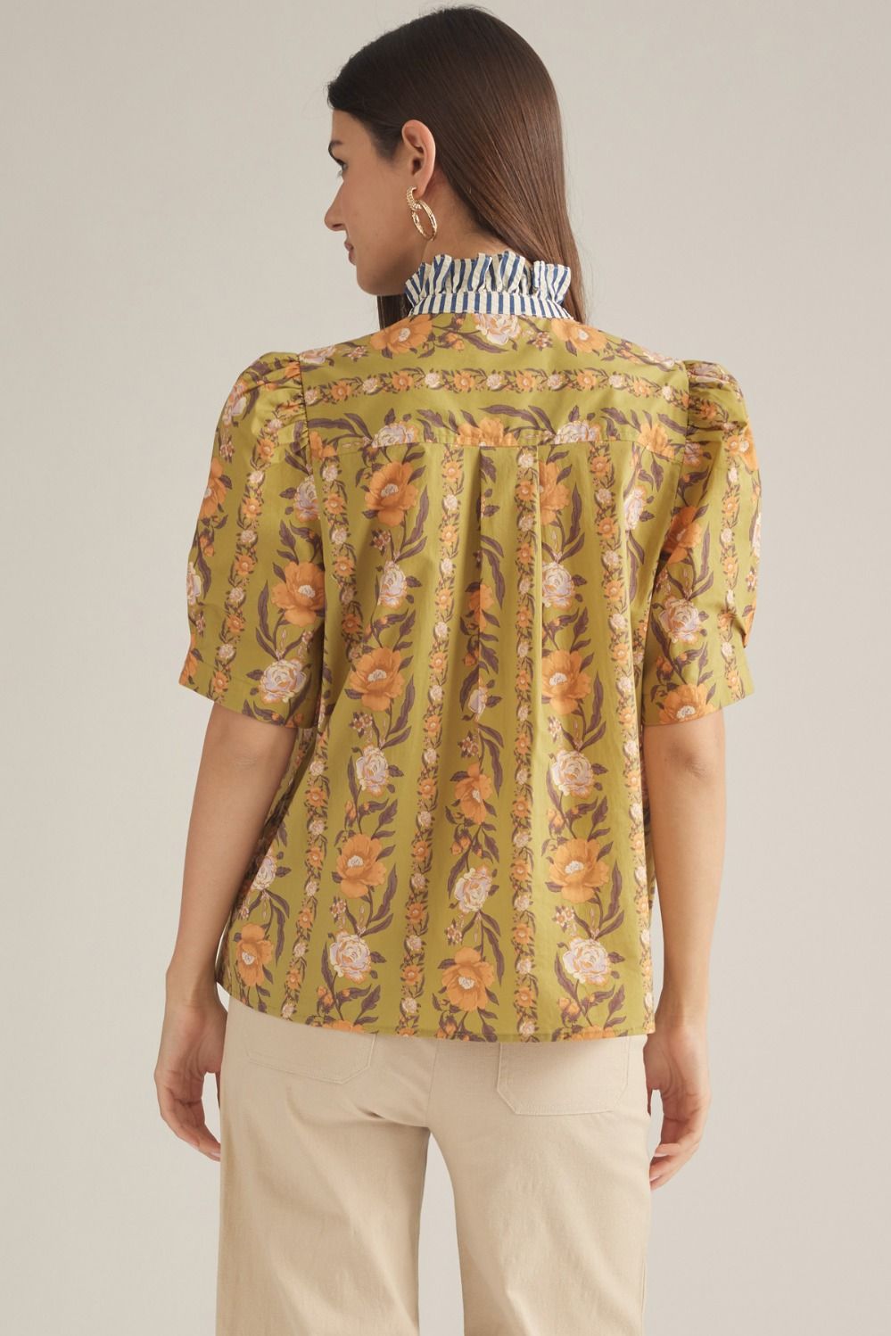 Floral Striped Collar Top - Olive