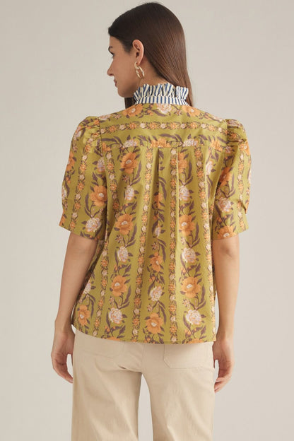 Floral Striped Collar Top - Olive