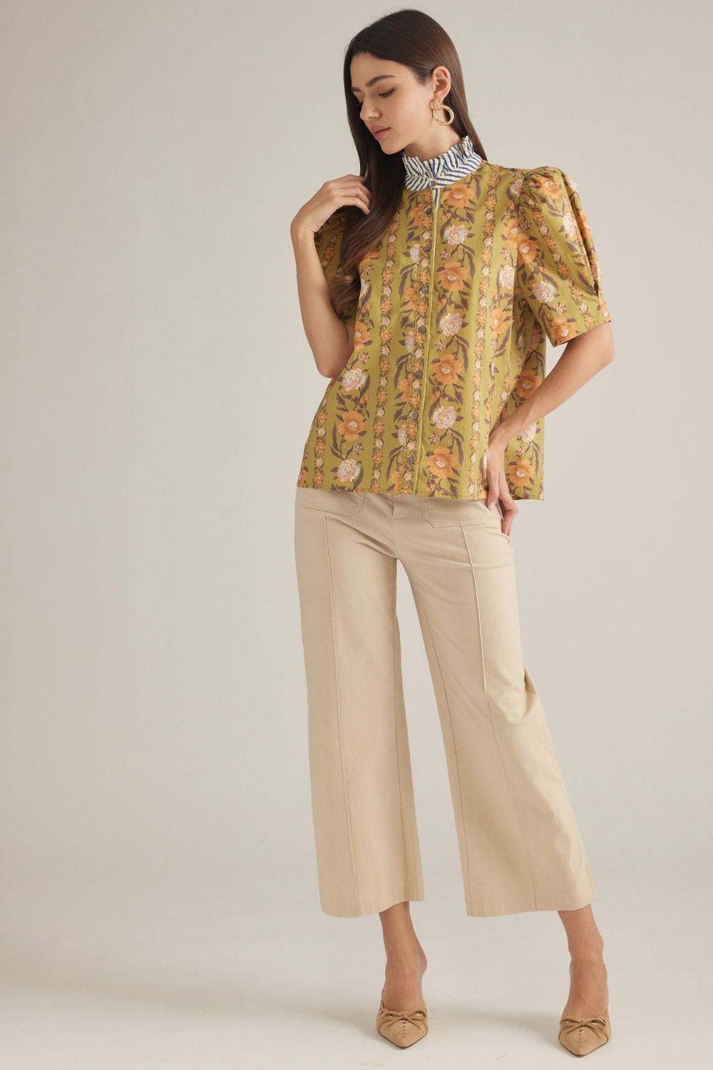 Floral Striped Collar Top - Olive