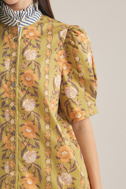 Floral Striped Collar Top - Olive