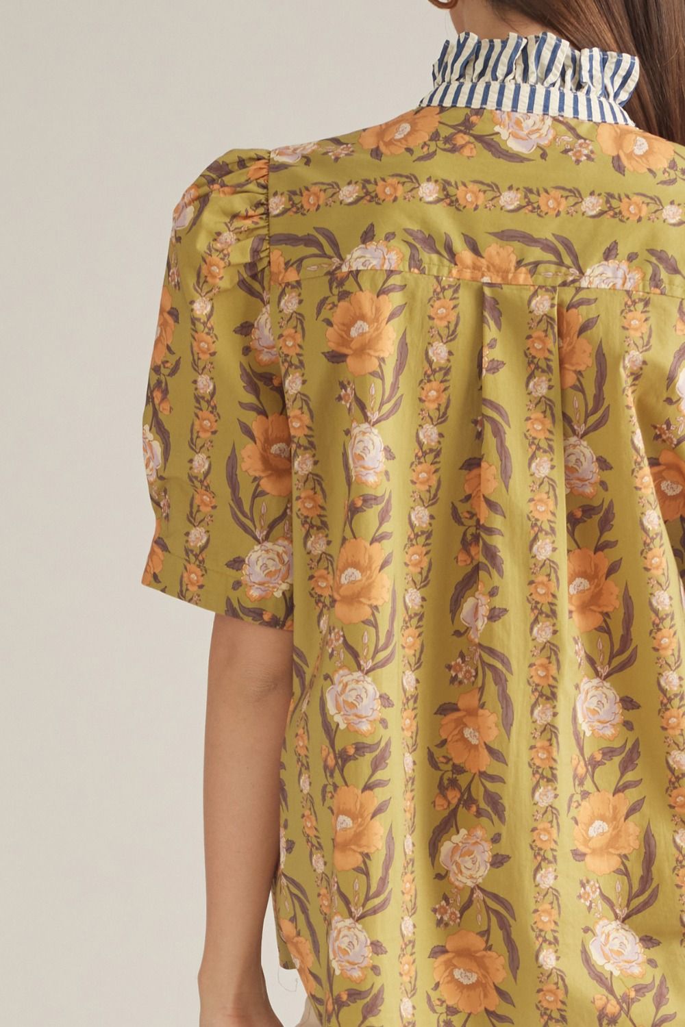 Floral Striped Collar Top - Olive