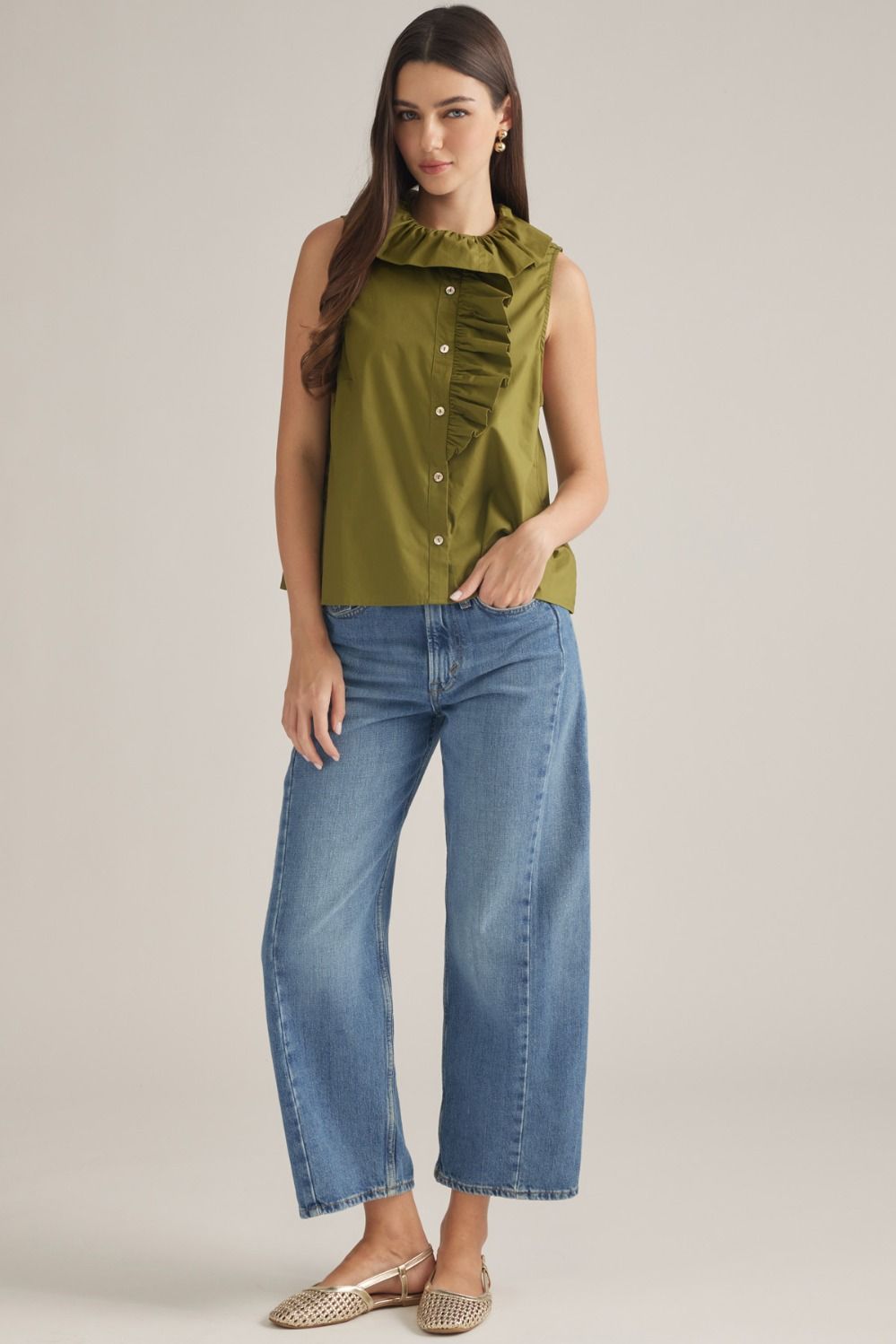 Sleeveless Ruffle Detail Top - Olive