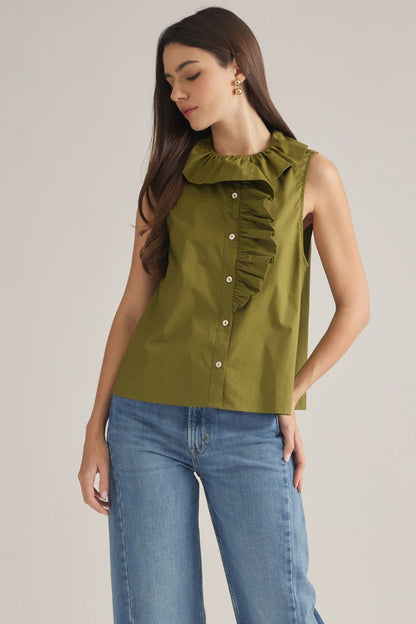 Sleeveless Ruffle Detail Top - Olive