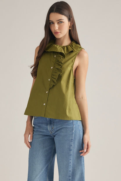 Sleeveless Ruffle Detail Top - Olive