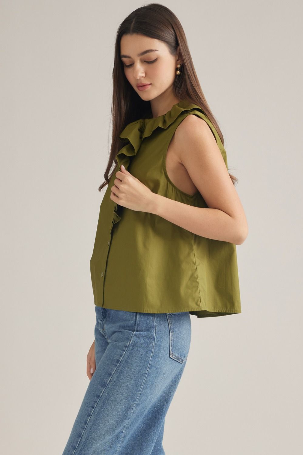 Sleeveless Ruffle Detail Top - Olive