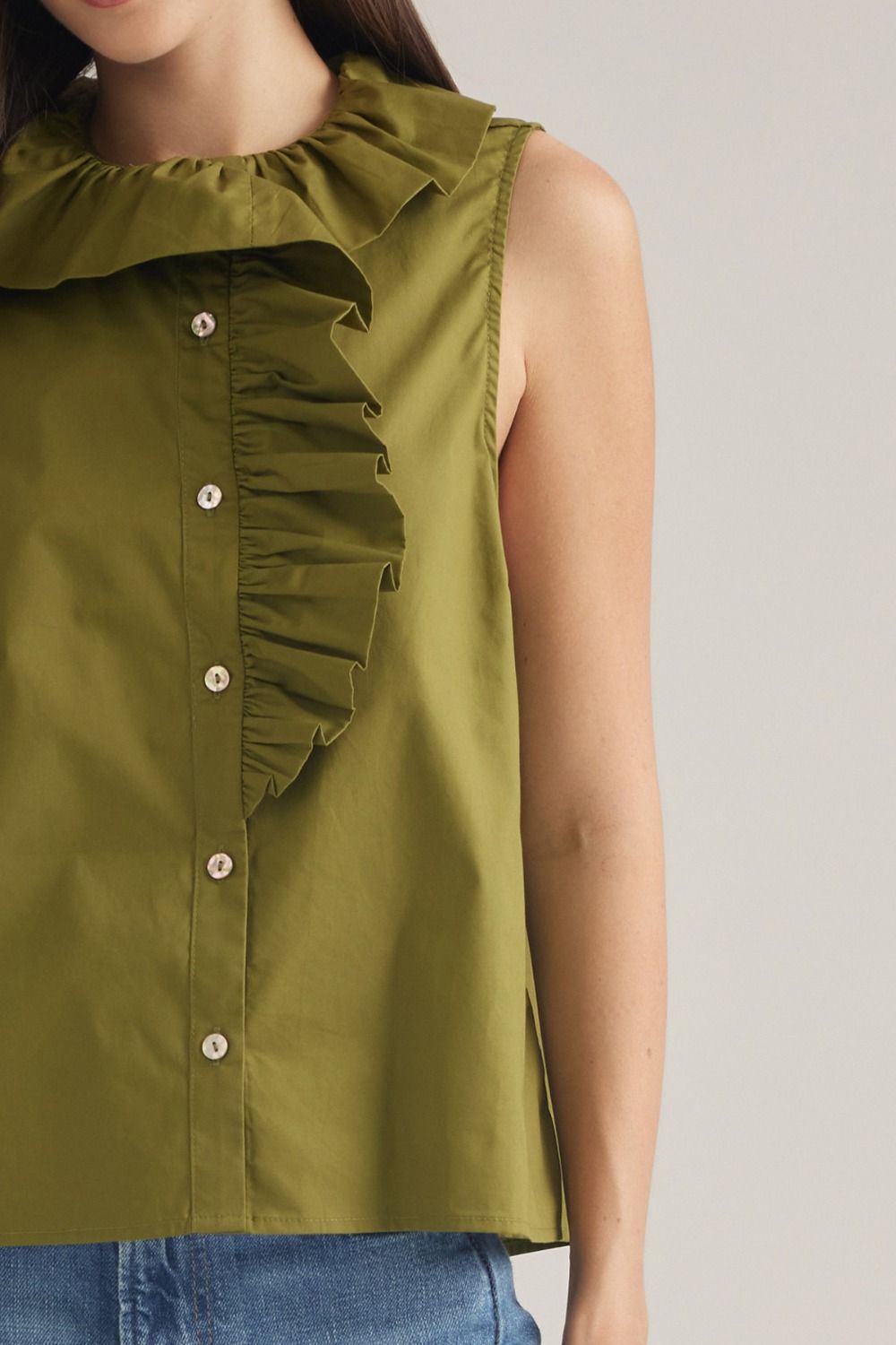 Sleeveless Ruffle Detail Top - Olive