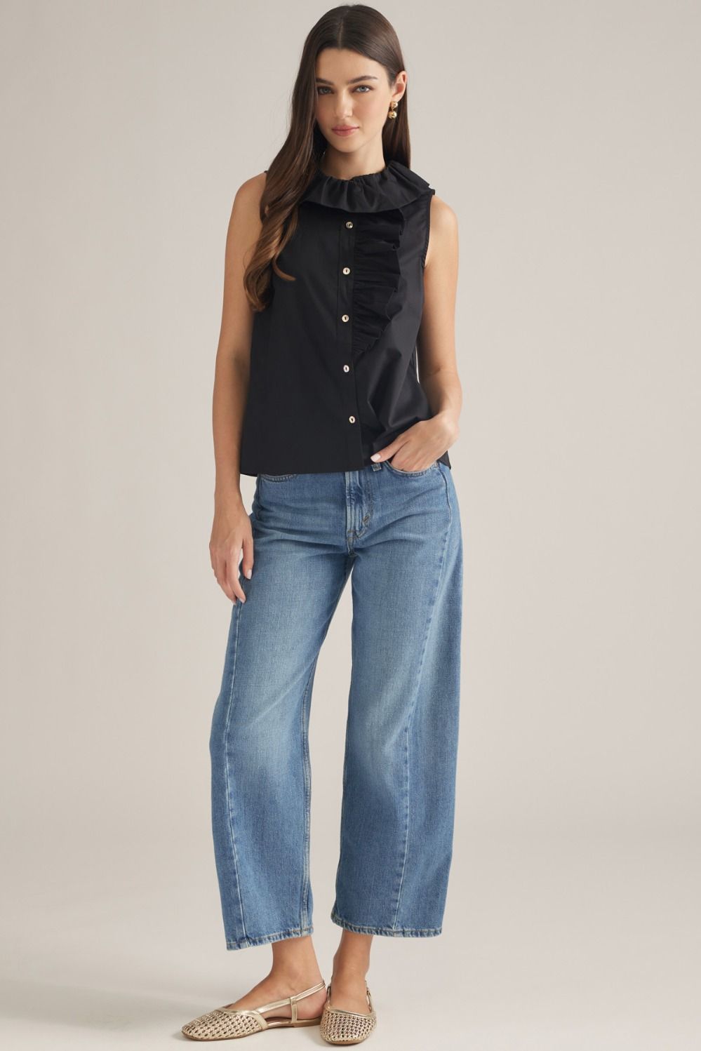 Sleeveless Ruffle Detail Top - Black