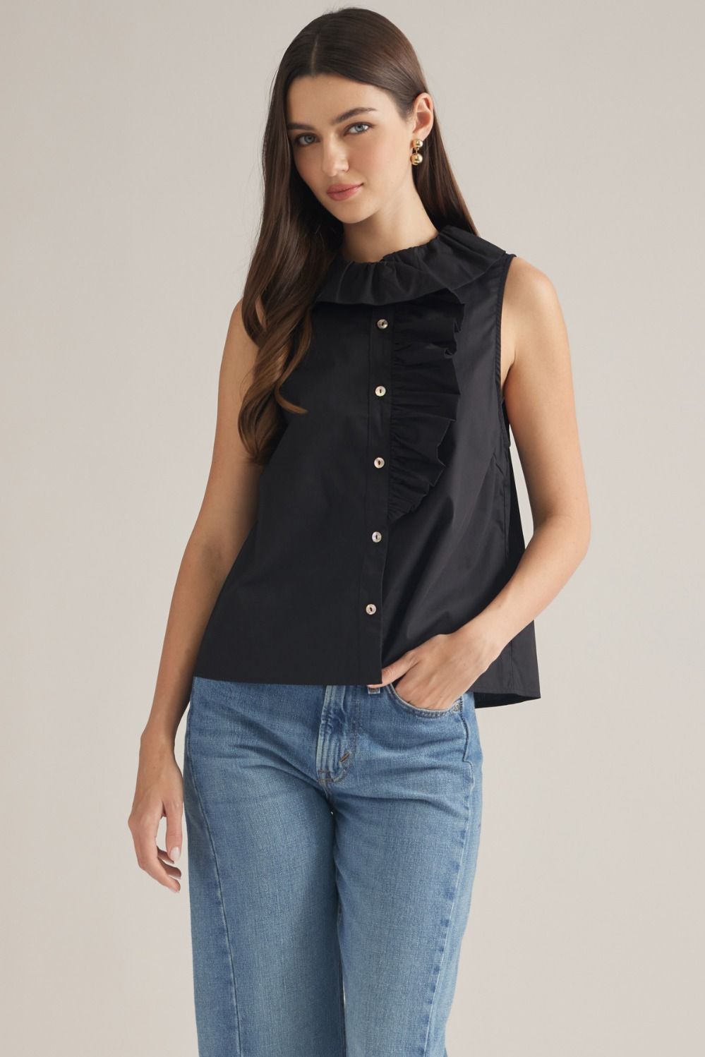 Sleeveless Ruffle Detail Top - Black