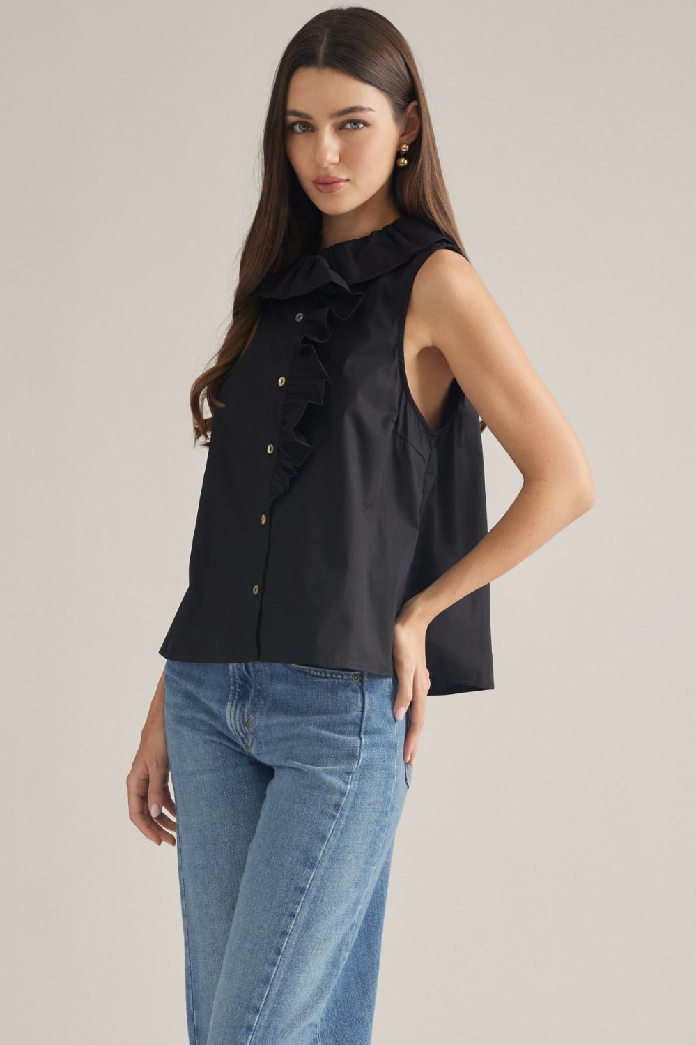 Sleeveless Ruffle Detail Top - Black