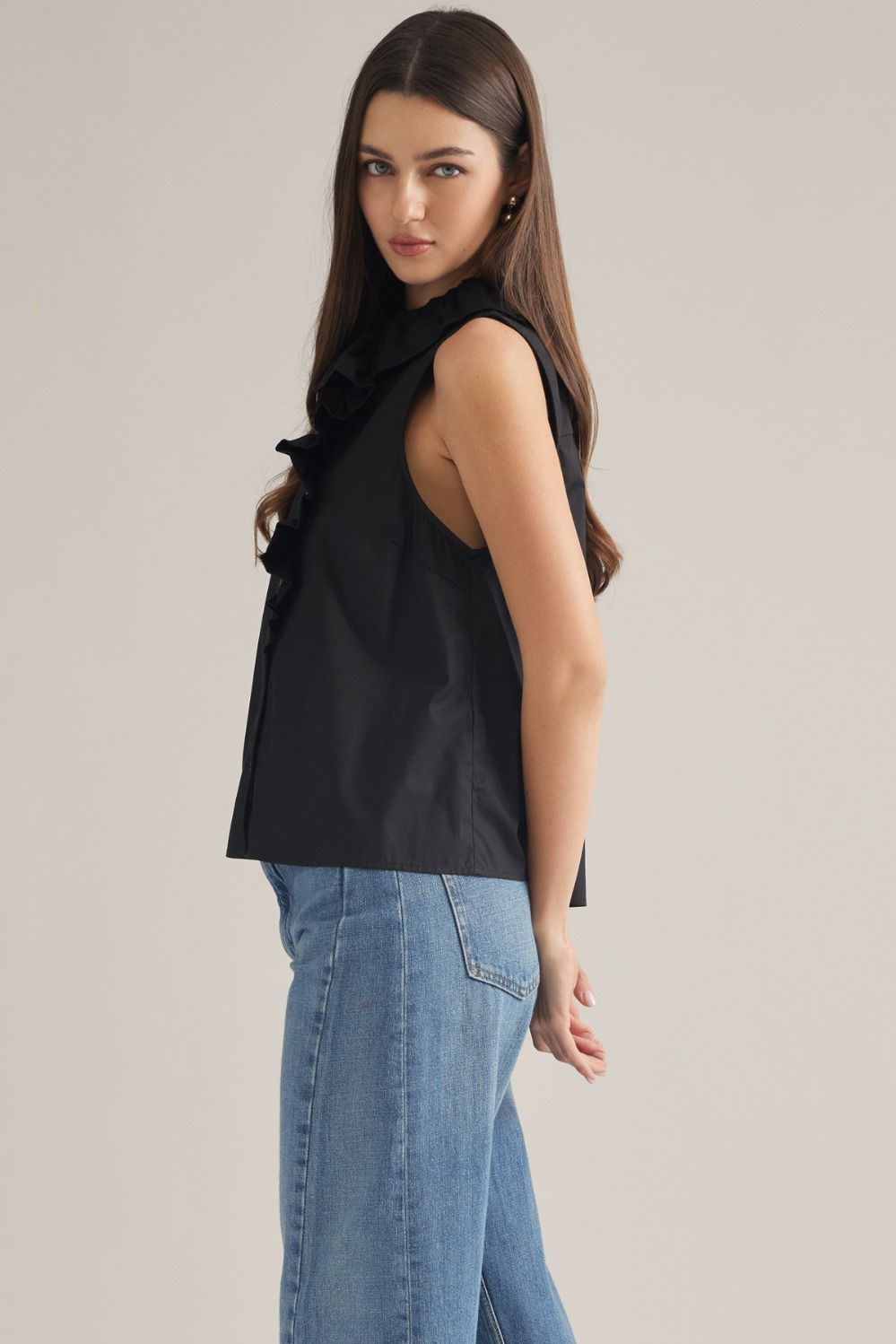 Sleeveless Ruffle Detail Top - Black