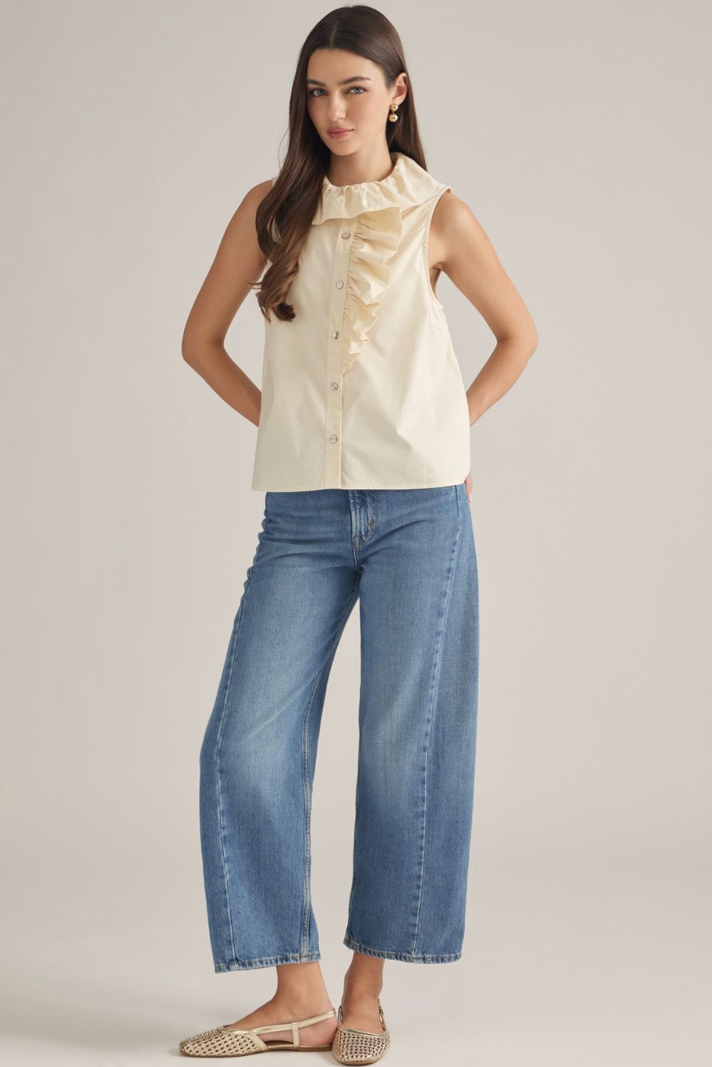 Sleeveless Ruffle Detail Top - Ecru