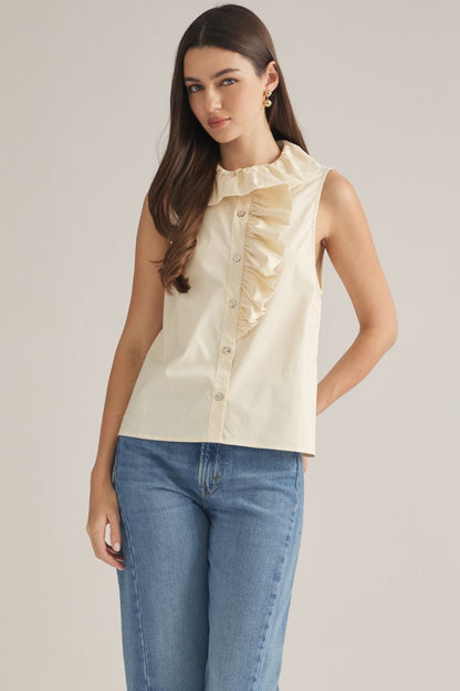 Sleeveless Ruffle Detail Top - Ecru