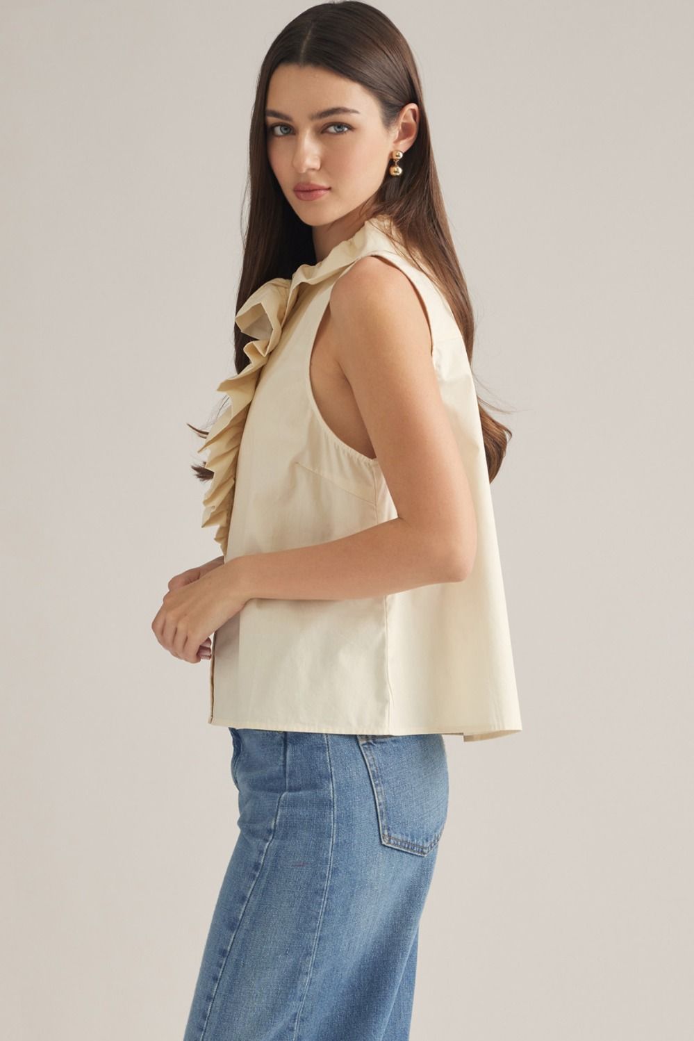 Sleeveless Ruffle Detail Top - Ecru