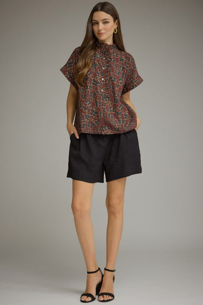 Floral Print Short Sleeve Ruffle Neck Top - Wine