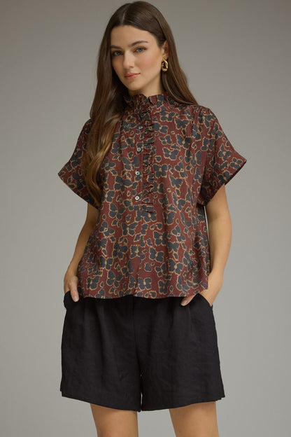 Floral Print Short Sleeve Ruffle Neck Top - Wine