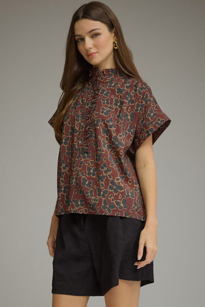 Floral Print Short Sleeve Ruffle Neck Top - Wine