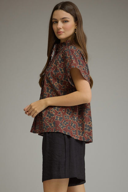 Floral Print Short Sleeve Ruffle Neck Top - Wine