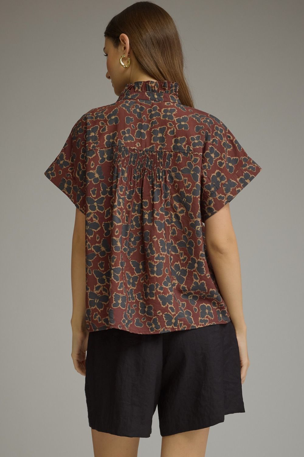 Floral Print Short Sleeve Ruffle Neck Top - Wine
