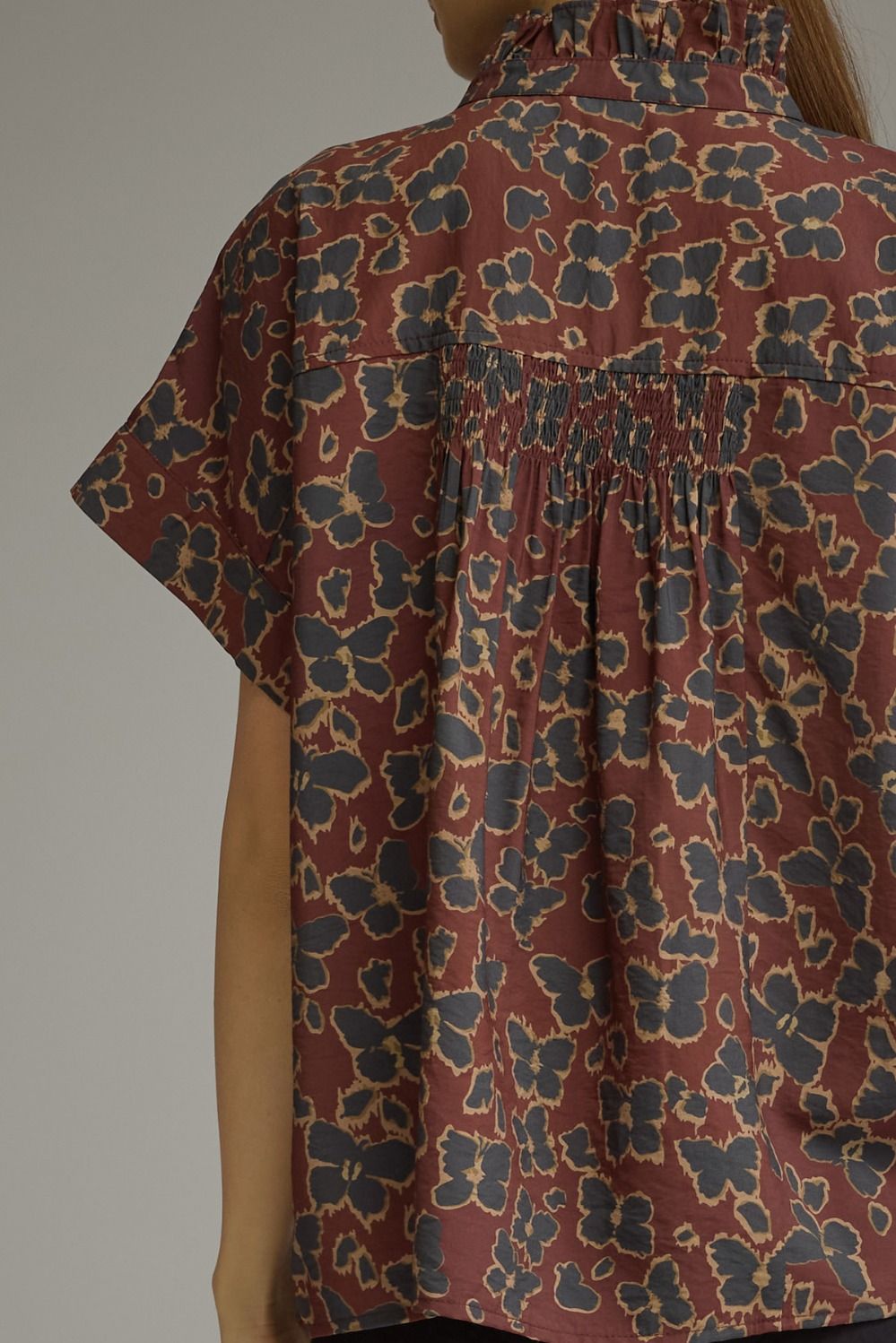 Floral Print Short Sleeve Ruffle Neck Top - Wine