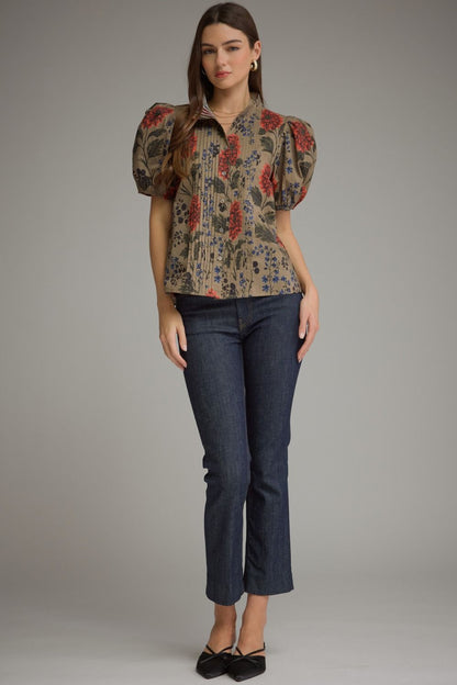 Floral Short Puff Sleeve Top - Camel