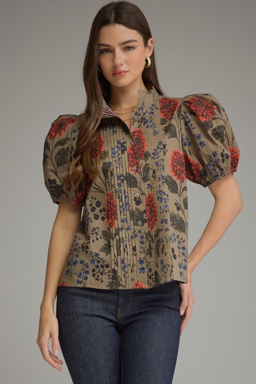 Floral Short Puff Sleeve Top - Camel