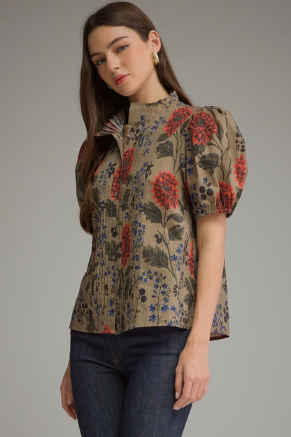 Floral Short Puff Sleeve Top - Camel
