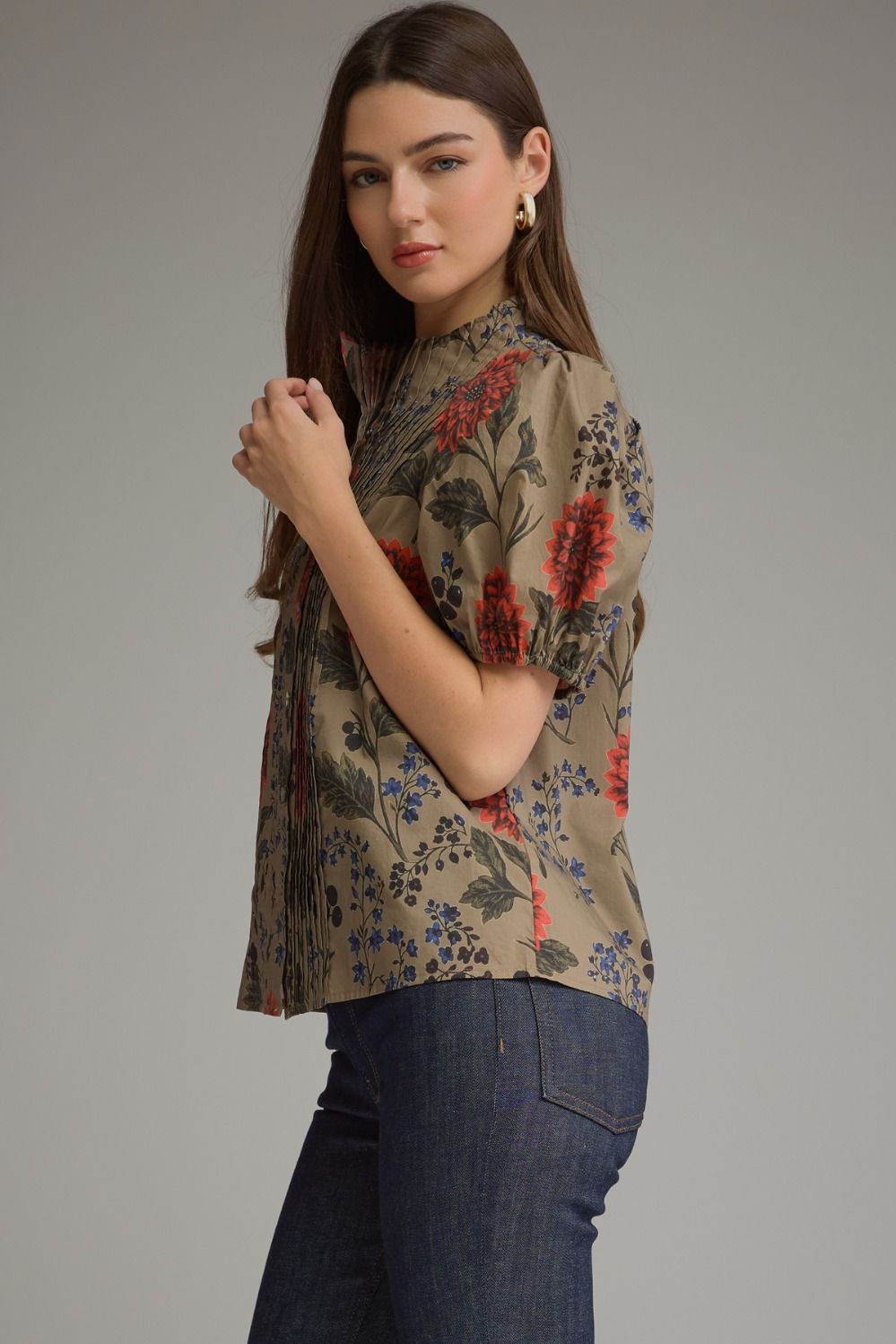Floral Short Puff Sleeve Top - Camel