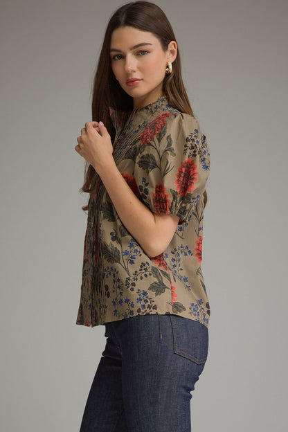 Floral Short Puff Sleeve Top - Camel