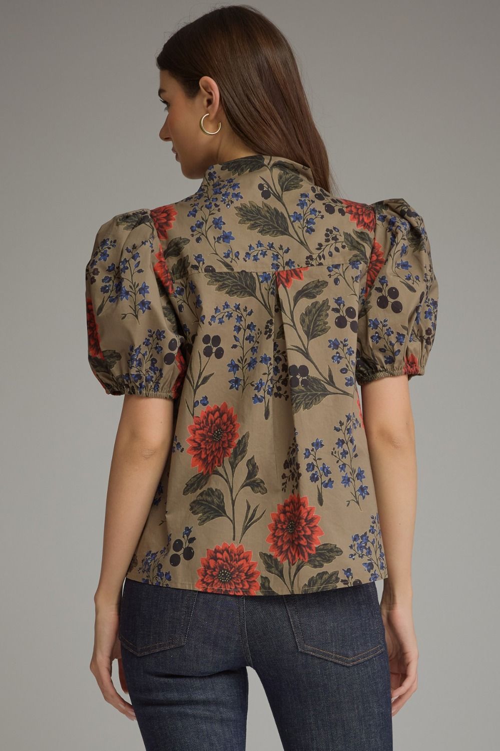 Floral Short Puff Sleeve Top - Camel