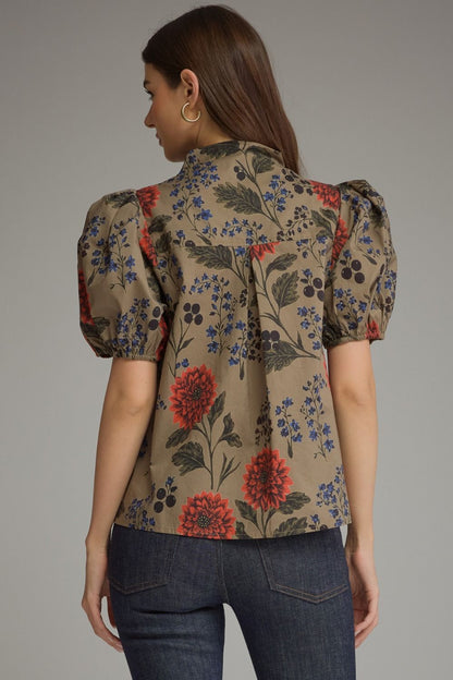 Floral Short Puff Sleeve Top - Camel
