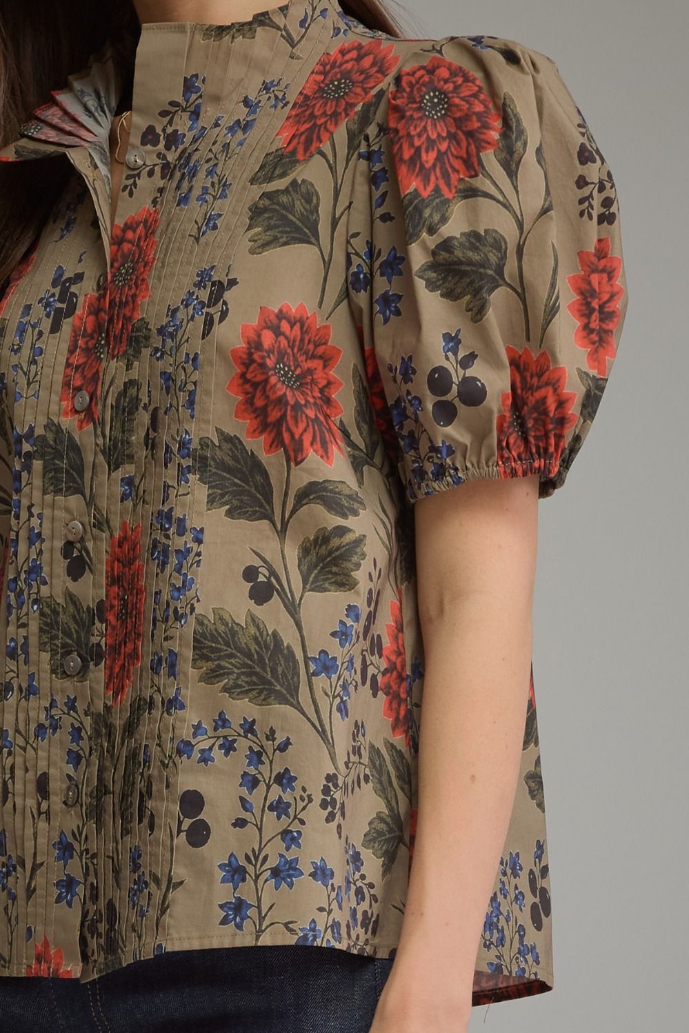 Floral Short Puff Sleeve Top - Camel