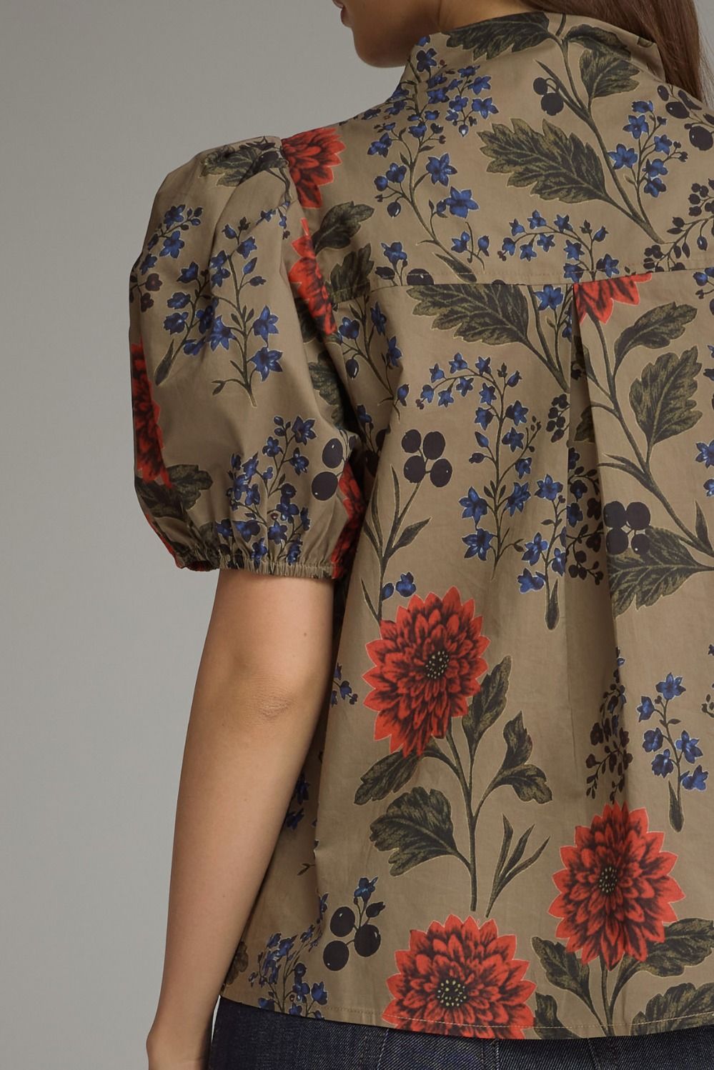 Floral Short Puff Sleeve Top - Camel