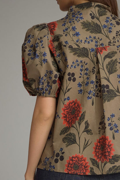 Floral Short Puff Sleeve Top - Camel
