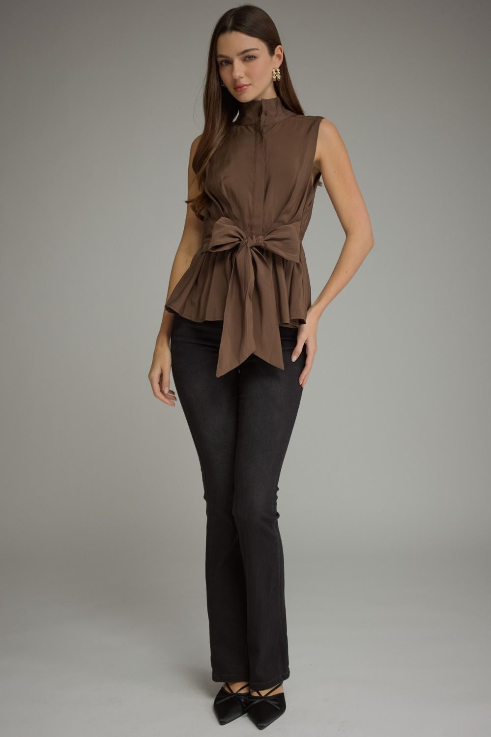 High Neck Front Tie Top - Brown