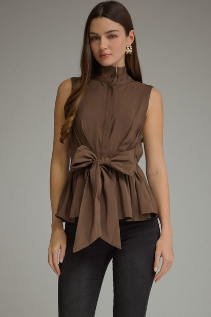 High Neck Front Tie Top - Brown